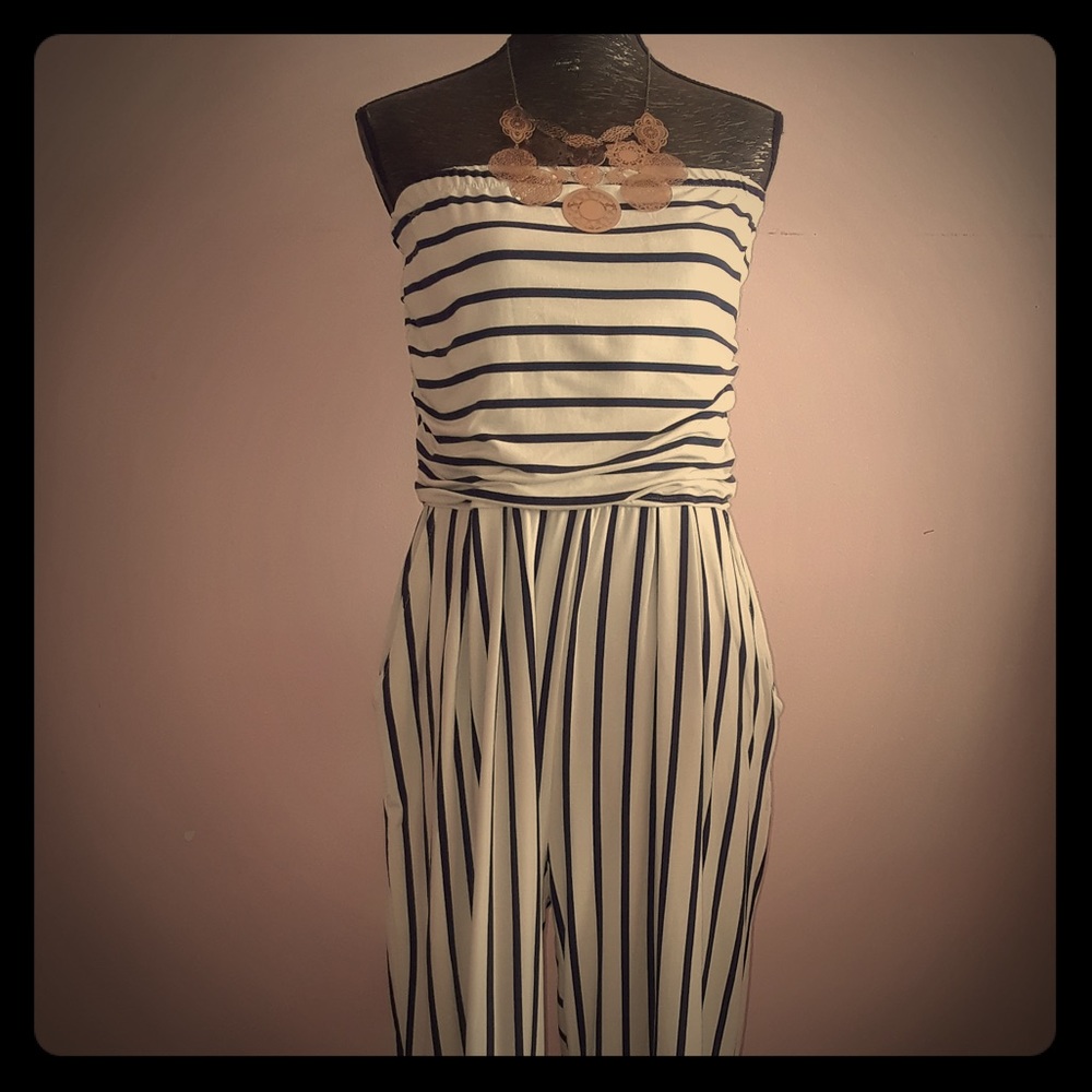 J for Justify Strapless Cream and Navy Jumpsuit